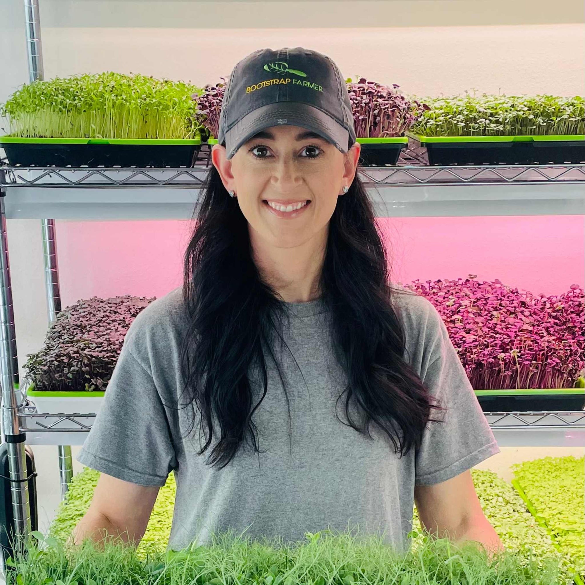 Microgreens Farmer in Bootstrap Farmer logo hat