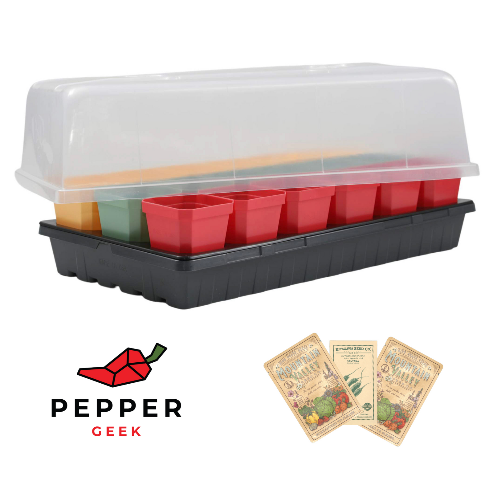 Pepper Geek branded Seed Starter Kit showing a dark grey 1020 trays with red, green, and yellow 3 inch pots under a humidity dome. Also shown are three packets of pepper seeds.  