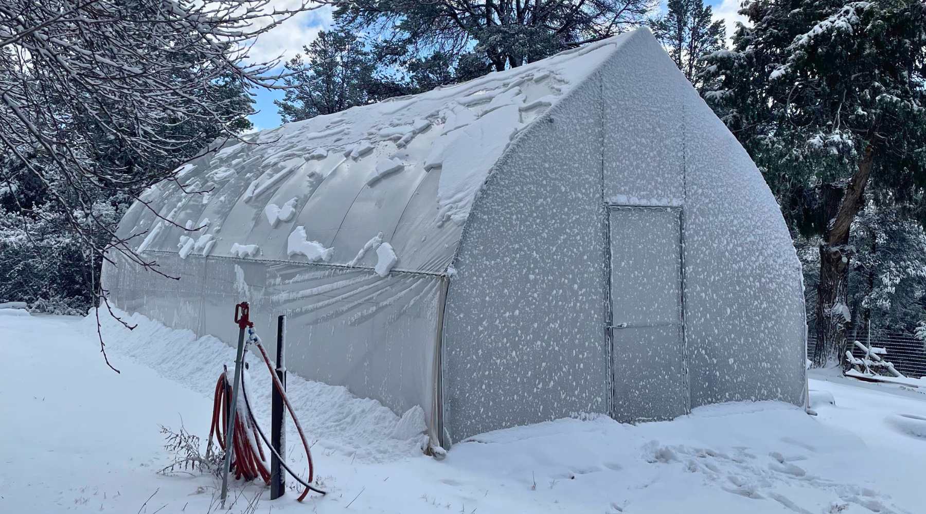 snow covered gothic greenhouse