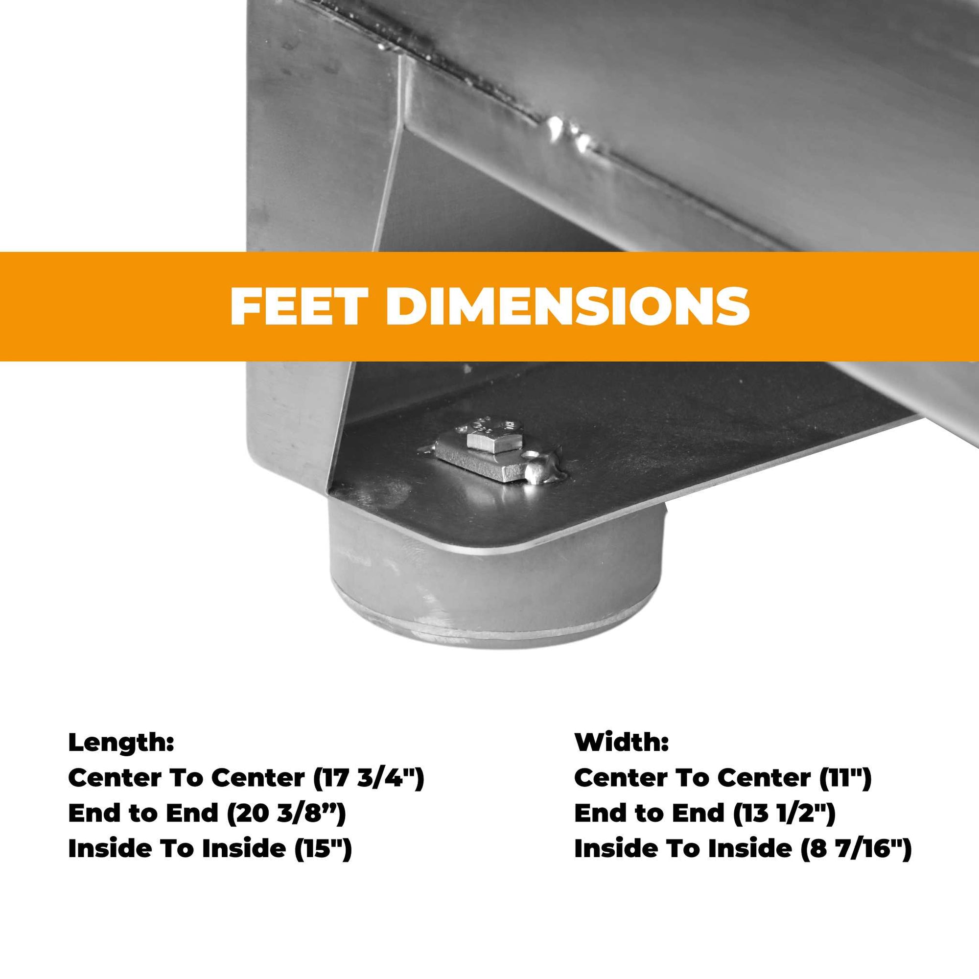 Dimensions of feet on the microgreens commercial tray washer. Length: Center to Center (17 3/4"), End to End (20 3/8"), Inside to Inside (15"), Width: Center to Center (11"), End to End 13 1/2", Inside to Inside 8 7/16" 